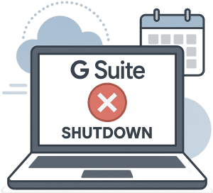 Laptop screen showing Google Workspace dashboard with alert about G Suite Legacy shutdown