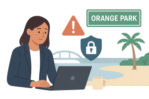 a lady in orange park florida by the buckman ridge on a laptop worried about IT security gaps