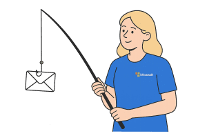 a woman with a fishing pole simulating microsoft phishing using direct send