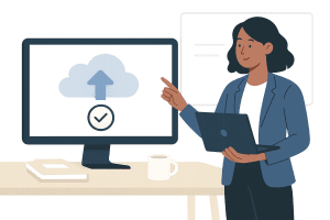 business woman pointing at computer testing backups before hurricane
