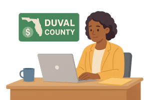 woman on computer researching duval county florida business it cost