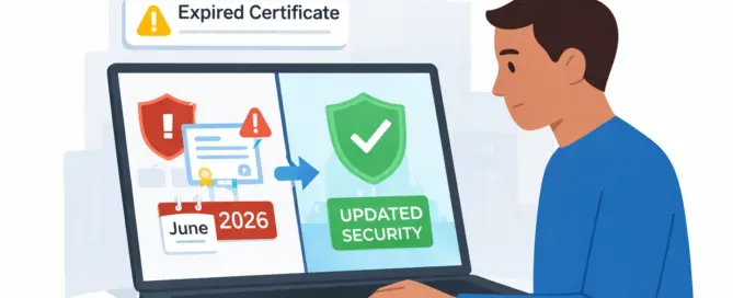 Illustration of a computer showing an expired Secure Boot certificate warning for June 2026