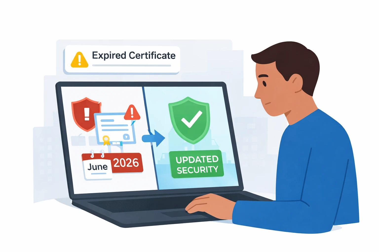 Illustration of a computer showing an expired Secure Boot certificate warning for June 2026